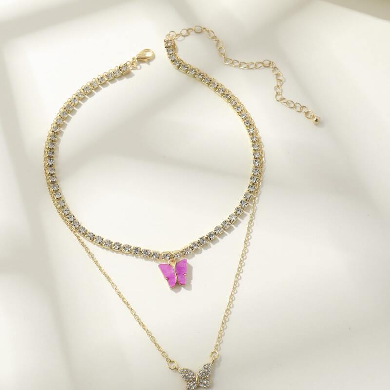 

Rhinestone Butterfly Layered Necklace, Hot pink