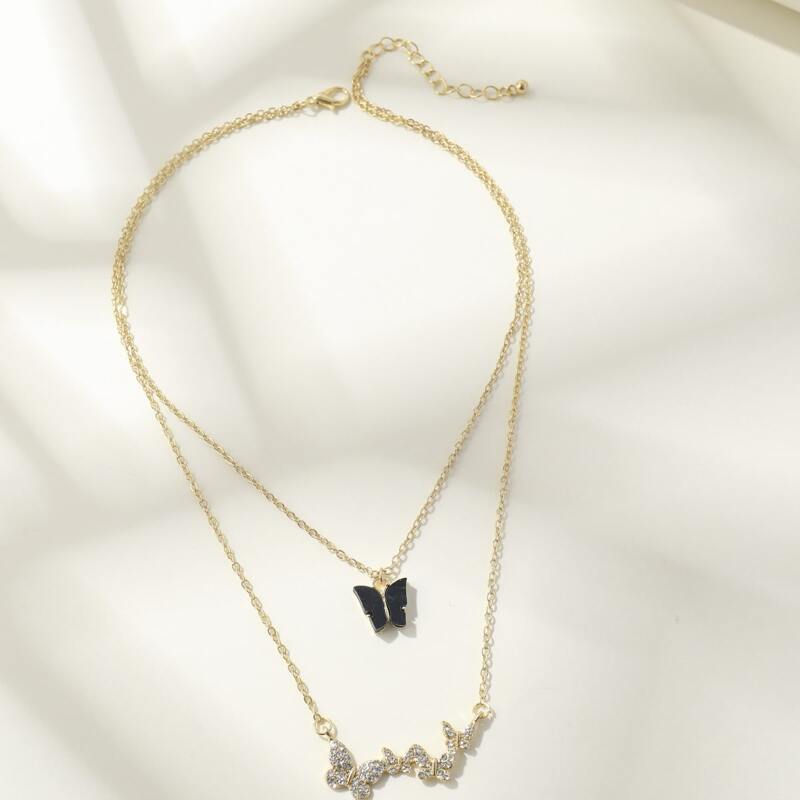 

Rhinestone Butterfly Layered Necklace, Black