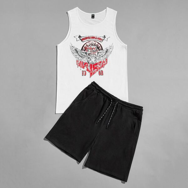 

Men Eagle and Letter Print Tank Top & Shorts Set, Black and white