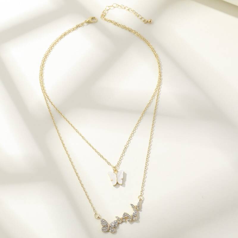 

Rhinestone Butterfly Layered Necklace, White