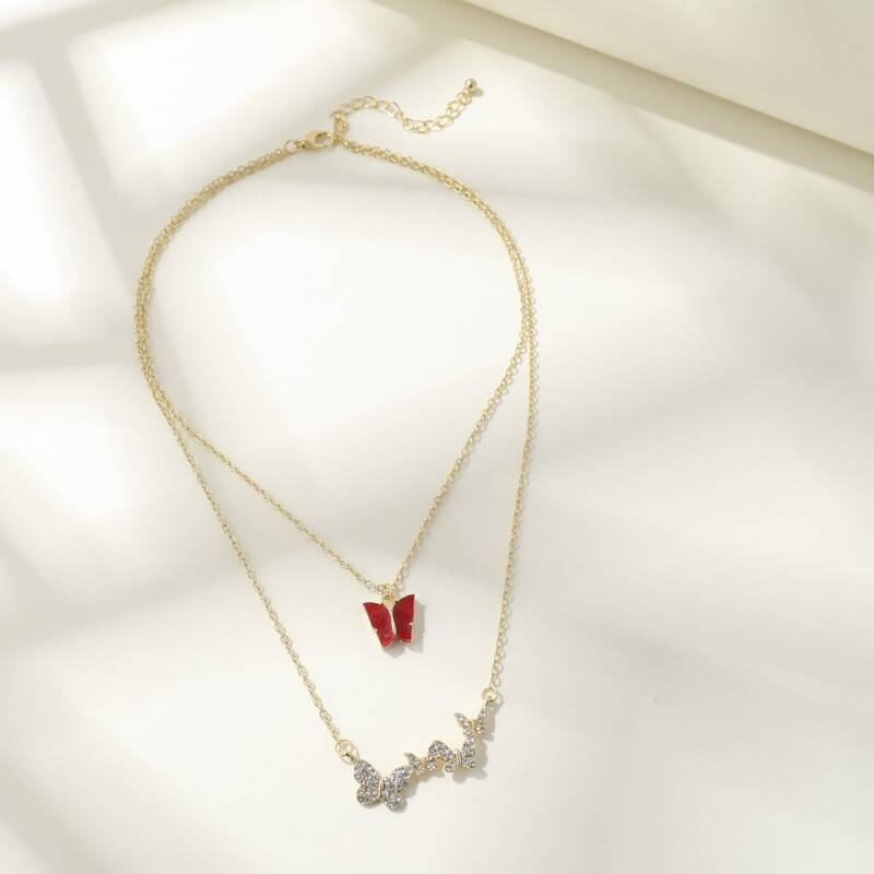 

Rhinestone Butterfly Layered Necklace, Red