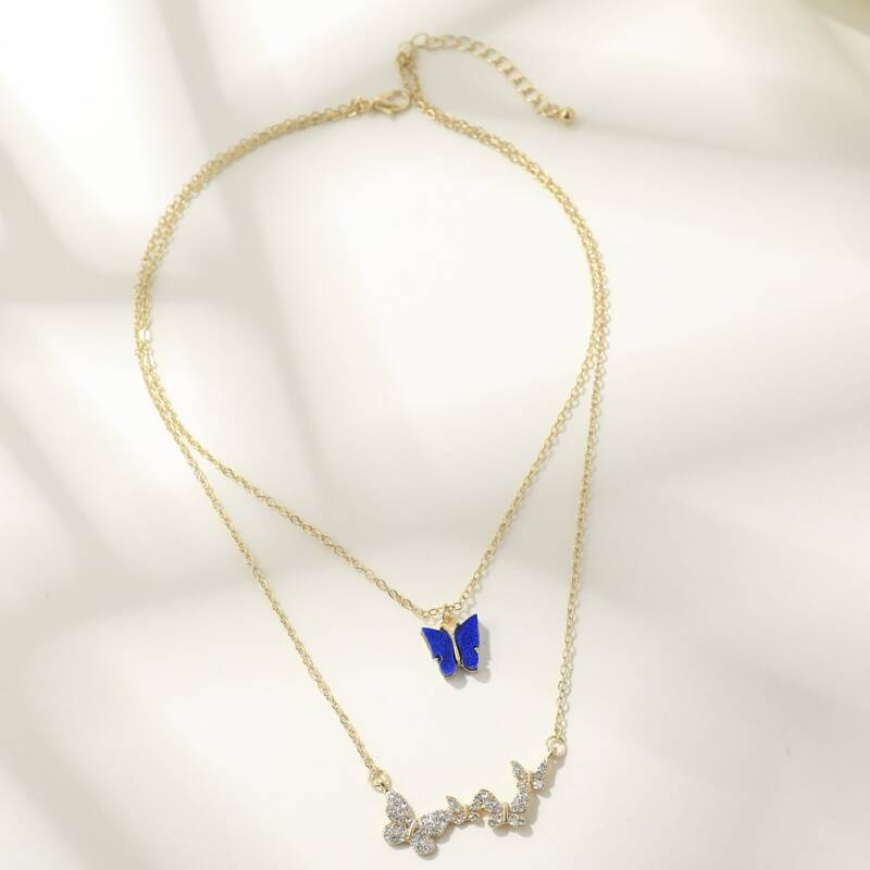 

Rhinestone Butterfly Layered Necklace, Royal blue