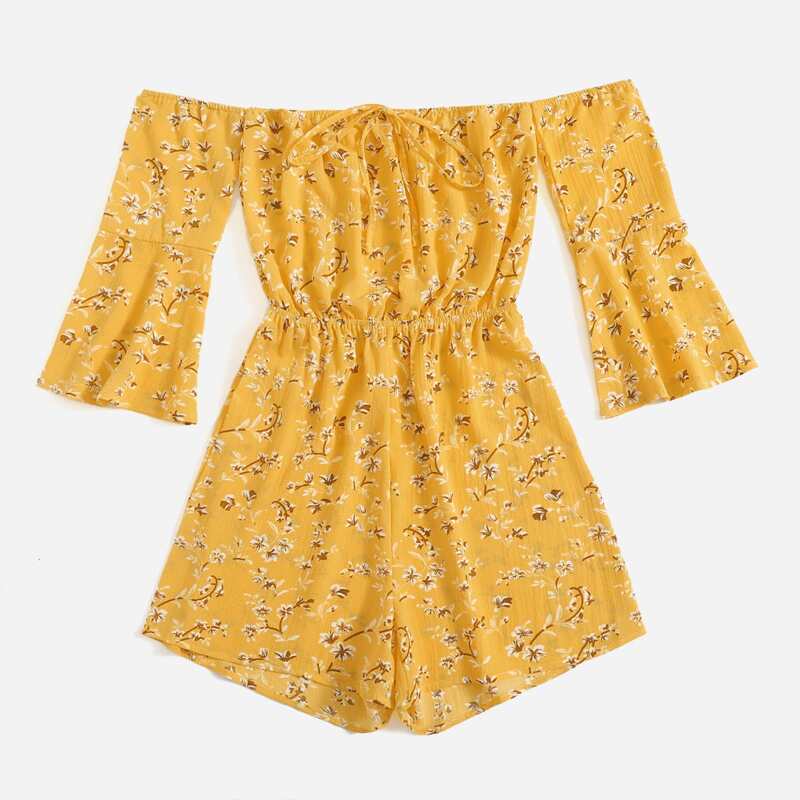 

Off The Shoulder Tie Front Romper, Yellow