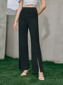 BizChic Ruched Detail Split Hem Trousers - Black - View 1
