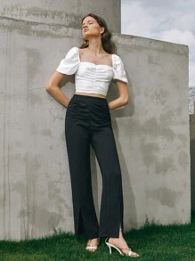 BizChic Ruched Detail Split Hem Trousers - Black - View 3