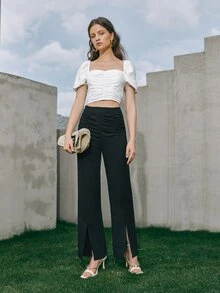 BizChic Ruched Detail Split Hem Trousers - Black - View 4