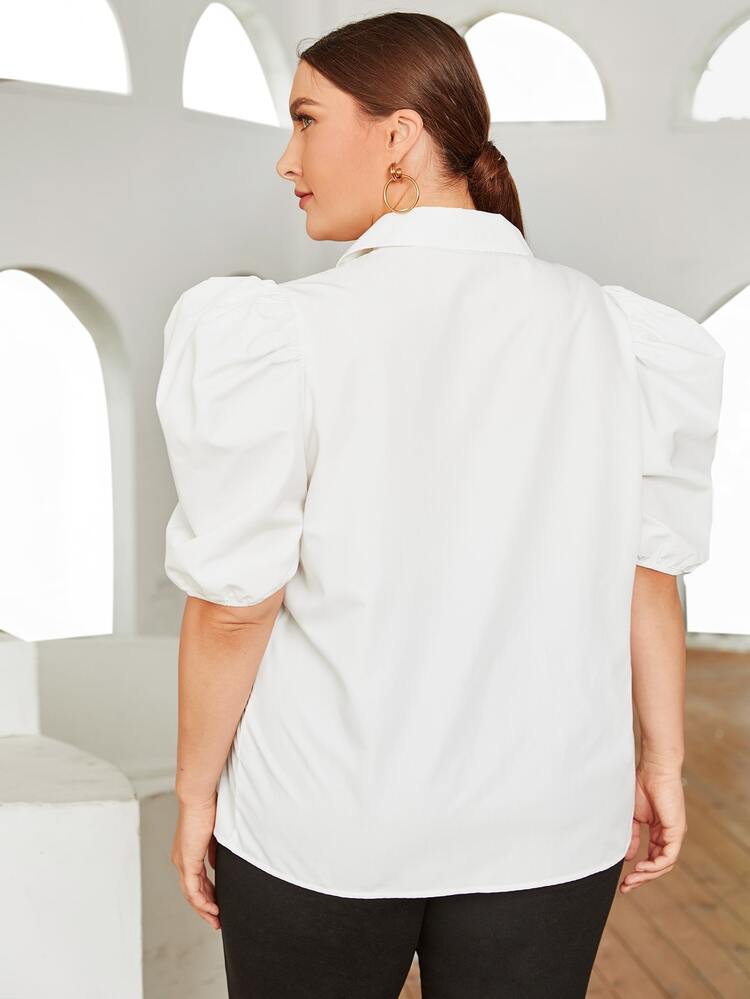 SHEIN Plus Puff Sleeve Solid Top - White - View 2