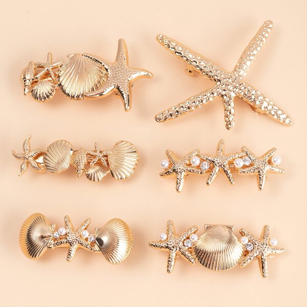 

6pcs Starfish Decor Hair Clip, Gold