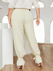 SHEIN Plus Zipper Fly Belted Hem Trousers - Beige - View 2