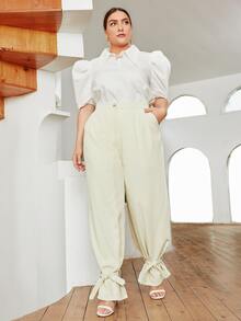 SHEIN Plus Zipper Fly Belted Hem Trousers - Beige - View 3