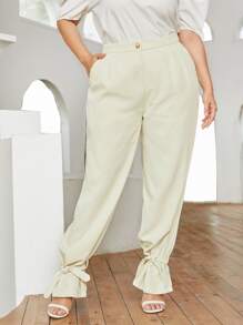 SHEIN Plus Zipper Fly Belted Hem Trousers - Beige - View 4
