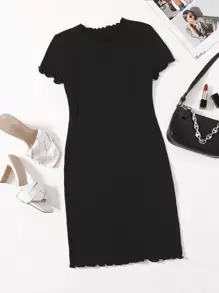 SHEIN EZwear Plus Solid Lettuce Trim Rib-knit Bodycon Dress - Black - View 1