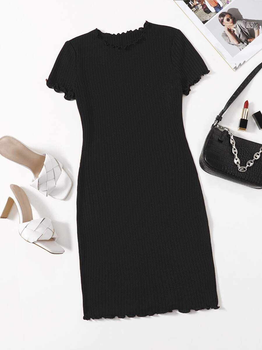 SHEIN EZwear Plus Solid Lettuce Trim Rib-knit Bodycon Dress - Black - View 1