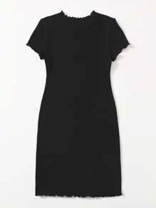 SHEIN EZwear Plus Solid Lettuce Trim Rib-knit Bodycon Dress - Black - View 2