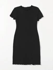 SHEIN EZwear Plus Solid Lettuce Trim Rib-knit Bodycon Dress - Black - View 3