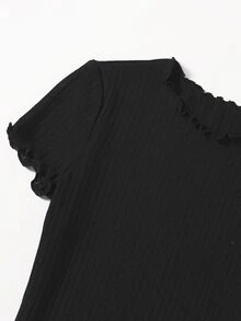 SHEIN EZwear Plus Solid Lettuce Trim Rib-knit Bodycon Dress - Black - View 4