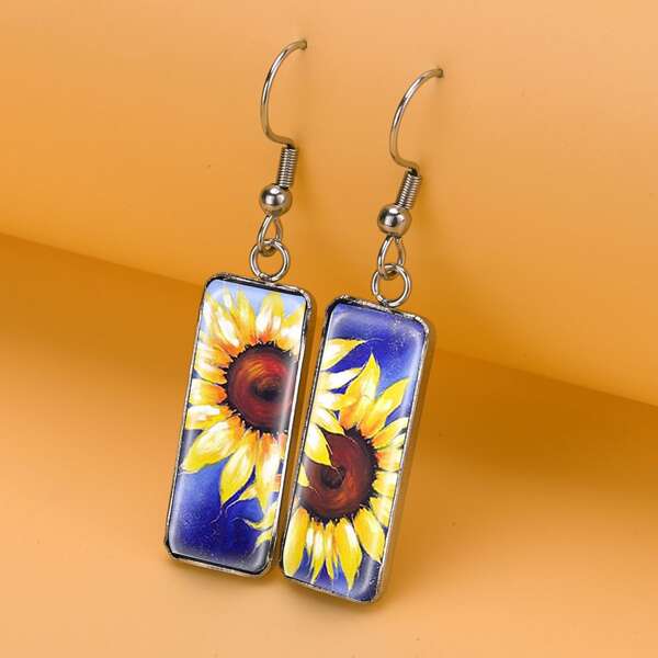 

Flower Print Geometric Drop Earrings, Multicolor