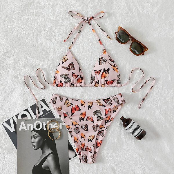 

Butterfly Print Halter Bikini Swimsuit, Pink