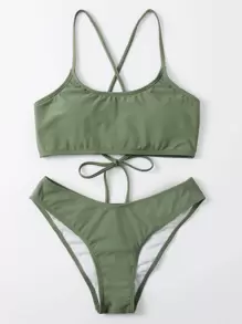 SHEIN Swim 單色比基尼套裝露背繫帶無鋼圈文胸上衣和緊縮褶皺臀部露臀泳衣下裝2入組泳衣 - 軍綠色 - 查看 5