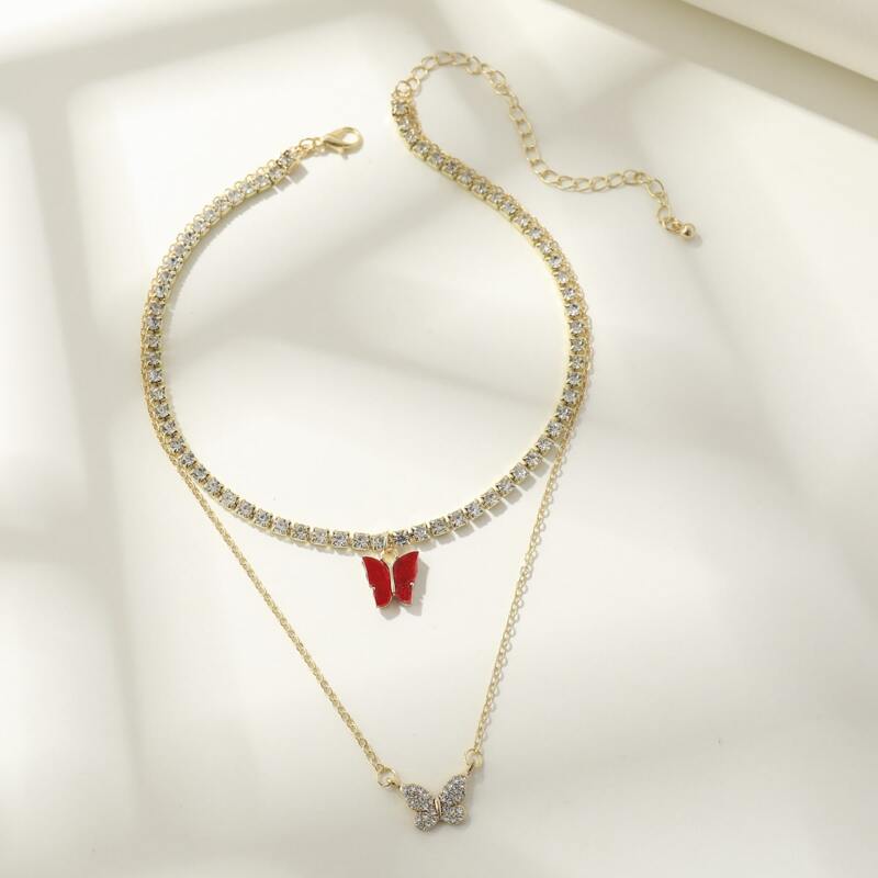 

Rhinestone Butterfly Layered Necklace, Red