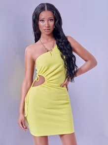 SHEIN Vestido Con Un Solo Hombro, Con Abertura Lateral Y Fruncido - Amarillo - Ver 3