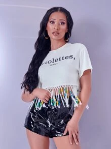 SHEIN Letter Graphic Fringe Hem Crop Tee
