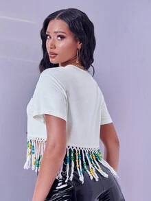 SHEIN Letter Graphic Fringe Hem Crop Tee