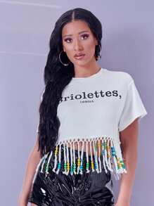 SHEIN Letter Graphic Fringe Hem Crop Tee