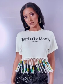SHEIN Letter Graphic Fringe Hem Crop Tee