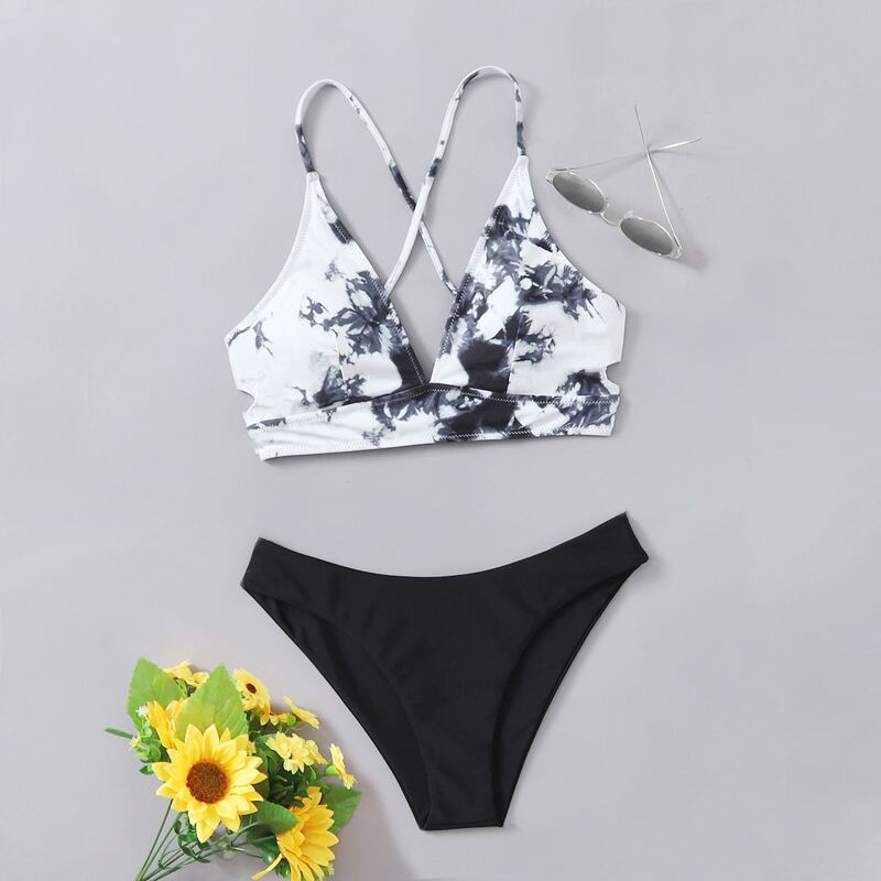 

Marble Print Bikini Swimsuit, Black and white