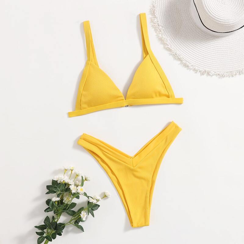 

Solid Rib Bikini Swimsuit, Yellow