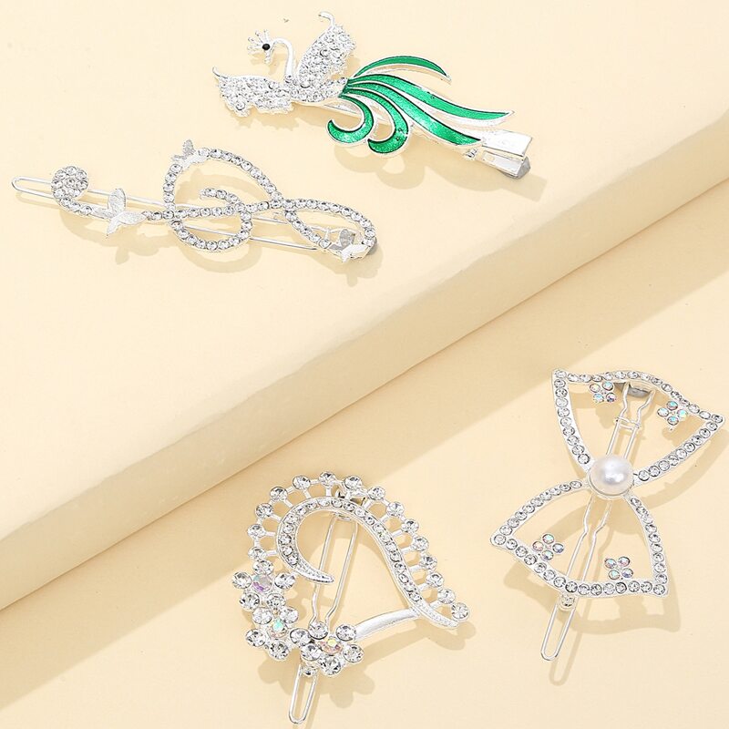 

4pcs Rhinestone Bow Decor Hair Clip, Silver