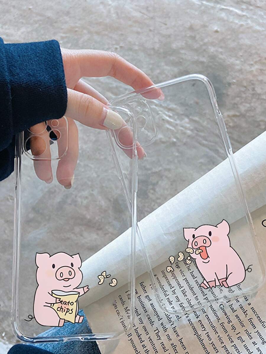 2pcs Cartoon Pig Clear Phone Case Compatible With iPhone15/15Plus/15Pro/15Promax - Clear - View 1