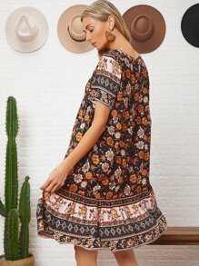 SHEIN VCAY Vestido Floral Con Cuello En V, Dobladillo Con Volantes - Multicolor - Ver 3