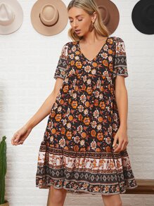 SHEIN VCAY Vestido Floral Con Cuello En V, Dobladillo Con Volantes - Multicolor - Ver 4