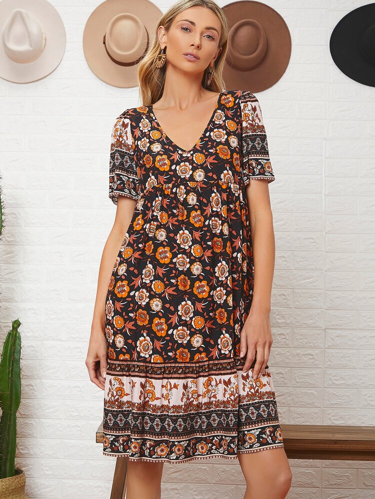 SHEIN VCAY V-neck Ruffle Hem Floral Print Dress - Multicolor - View 5