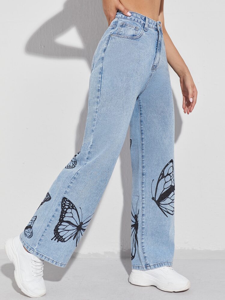 SHEIN EZwear Butterfly Print Wide Leg Jeans - Light Wash - View 1