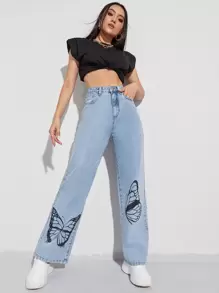SHEIN EZwear Jeans con estampado de mariposa de pierna ancha - Lavado ligero - Ver 3
