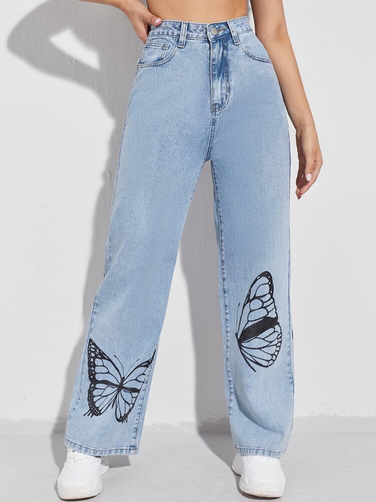 SHEIN EZwear Butterfly Print Wide Leg Jeans - Light Wash - View 4