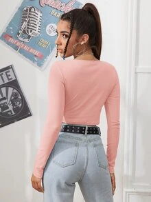 SHEIN EZwear 拉鏈開襟羅紋針織短版t恤 - 淺粉色 - 查看 2