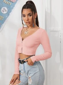 SHEIN EZwear 拉鏈開襟羅紋針織短版t恤 - 淺粉色 - 查看 5