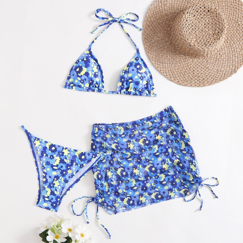 

3pack Floral Bikini Swimsuit With Beach Skirt, Blue