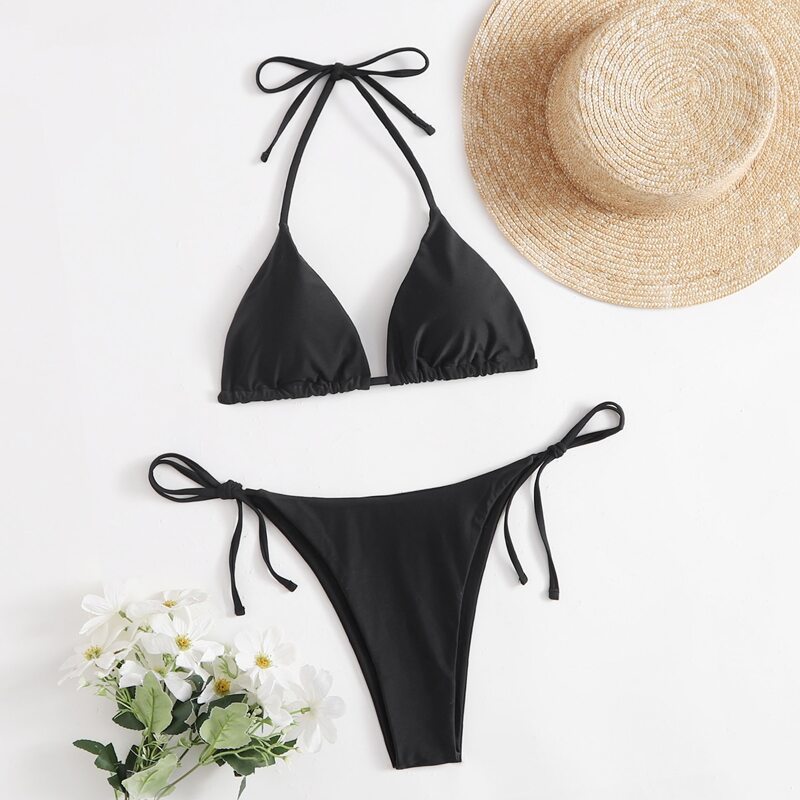 

Solid Tie Side Bikini Swimsuit, Black