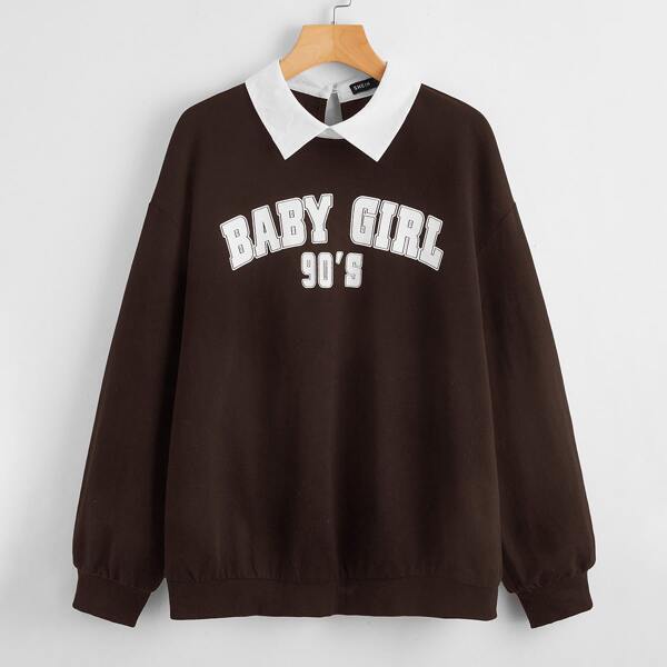

Contrast Collar Letter Graphic Pullover, Coffee brown