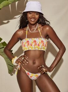 SHEIN Swim Floral Random Print Lettuce Trim Bikini Summer - Multicolor - View 5