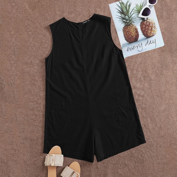 

Plus Solid Notched Neck Dual Pockets Romper, Black
