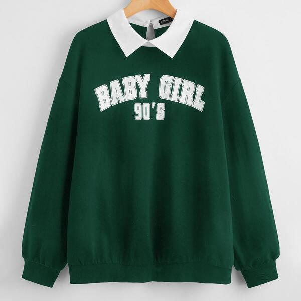 

Contrast Collar Letter Graphic Pullover, Dark green