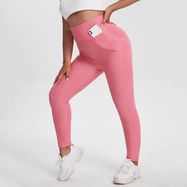 

Plus Wide Waistband Sports Leggings With Phone Pocket, Watermelon pink