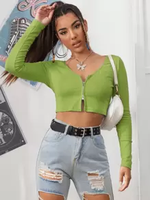 SHEIN EZwear 拉鏈開襟羅紋針織短版t恤 - 橄欖綠 - 查看 1