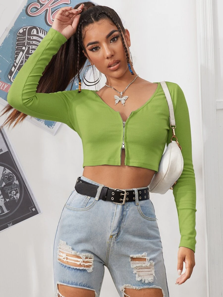 SHEIN EZwear 拉鏈開襟羅紋針織短版t恤 - 橄欖綠 - 查看 1